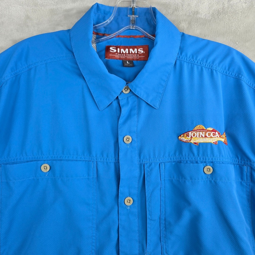 SIMMS CCA Fishing Shirt Blue Short Sleeve Button Up Mens Size Large
